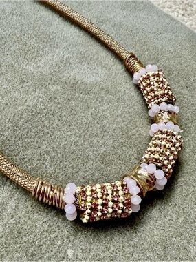 Gold Tone Mesh Collar Necklace Purple Crystal Barrel Slides Statement Piece